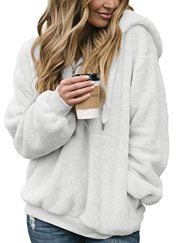 Aleumdr Womens Oversized Warm Double Fuzzy Hoodies Cozy Loose 1/4 Zipper Pullover Hooded Sweatshirt Outwear with Pockets White X-Large 16 18