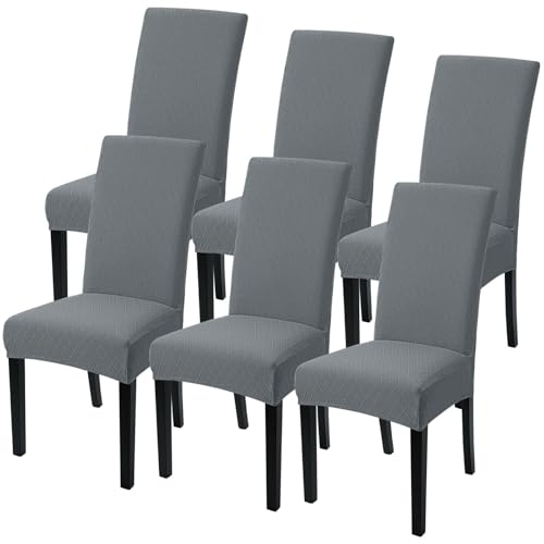 Image of SearchI Dining Room Chair Covers Set of 6, Stretch Jacquard Parsons Chair Slipcovers Removable Washable Kitchen Chair Protector Cover for Dining Room, Hotel, Ceremony (Gray Rhombus)