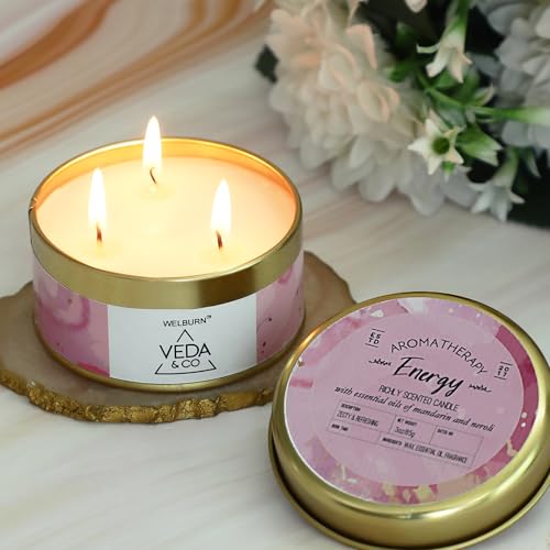 Image of Welburn Veda&Co Scented Wax Candle - Energy Boost | Aromatherapy Travel Tin Candle | Soy Wax | Home Decor Essential | 15-Hour Burn | 85g