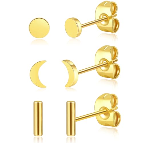 BLISI 3 Pairs Titanium Gold Stud Earrings - Hypoallergenic Moon/Heart/Ball/Bar/Flat Disc Small Studs Earrings for Women Minimalist Silver Nap Earrings Tarnish Resistant Earrings Bar Set-Gold