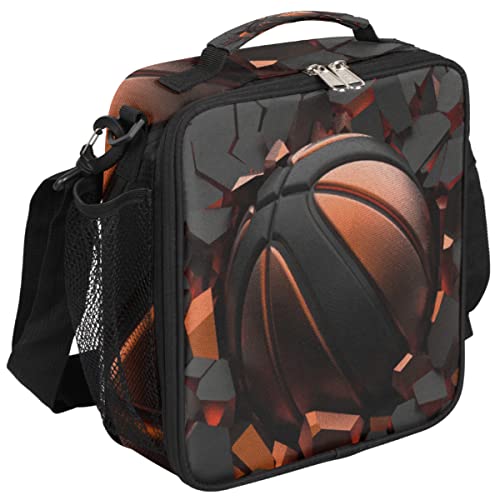 Basketball Kids Lunch Box Art Painting Basketabll Insulated Lunch Bag Tote for Girls Boys Cooler Freezable Meal Prep Bag with Shoulder Strap Waterproof Lunch Container for School Office Picnic