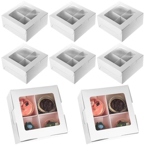 SUUEIOKL 8 Pcs Cajas para Tartas, Cajas de Cupcake con Ventana de PVC, Caja de Transporte de Cartón Blanca para Muffins con 4 Agujeros, Caja para Galletas Pasteles Tartas Cupcakes