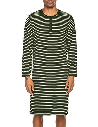 Ekouaer Mens Cotton Nightgown Classic Sleepwear Long Sleeve Sleepshirt Lightweight Nightshirts Green, Medium