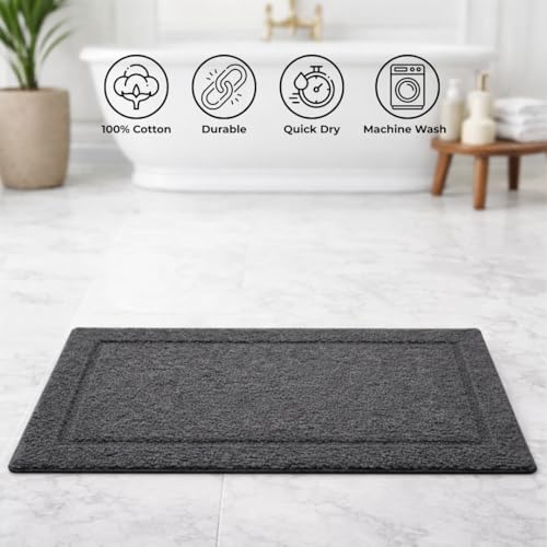 Image of Premium Combed Cotton Tufted Bathmat 45 x 65 cm, 1800 GSM Soft Absorbent Anti Skid Bathroom Floor Mat with Latex Backing, Quick Dry Non Slip Bath Rug for Shower & Daily Use, Race Track Grey