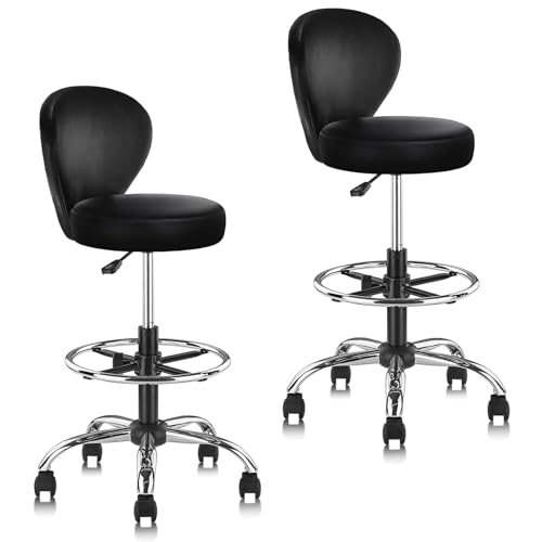 Image of KLASIKA Leather Drafting Stool Chair Padded Seat 360 Swivel Rolling Stools Adjustable Height with Ergonomic Backrest and Footrest, Tall Office Chair for Standing Desk, Studio, Labs, Black, 2 Pack
