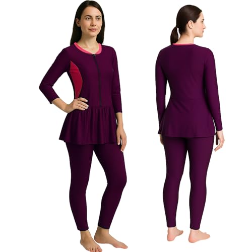 Image of Hacer Frock Style Swimwear with Padde Full Sleeve Bodysuit Swimming Costume Full-Length One Piece Swimsuit for Pool Beach Women (S, 32, Wine)