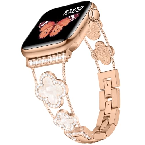 Tasikar Bling Diamond Women Band — Rose Gold Metal Link Bracelet for Apple Watch 38–49mm
