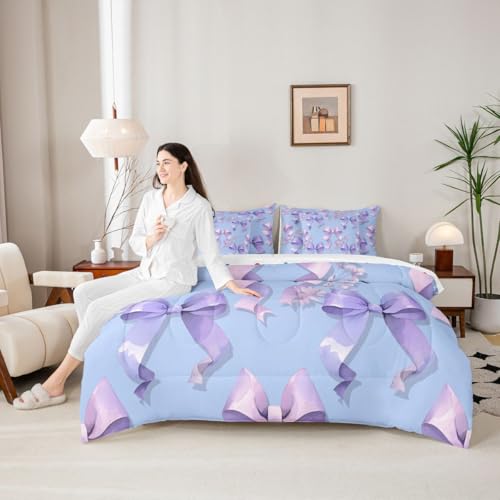 Image of Purple Bow Full Size Bed Sheets and Comforter Set | Cute Bowknot 7-Piece Bedding Set Dreamy Princess Style Ribbon Bow Tie Bed in a Bag, Girly Floral Bed Sets,Kawaii Room Decor Aesthetic