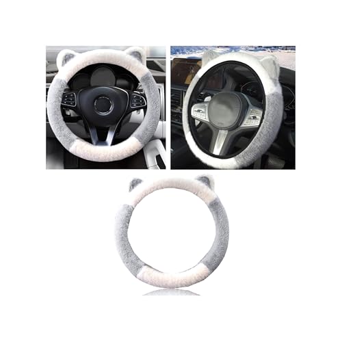 Couslcd Car Steering Wheel Cover, Cute Steering Wheel Protector with Kitty Cat Ears,Fluffy Soft Plush for Winter Warm, Universal Fit 15 inches for Car,SUV, Elastic & Anti-Slip (White/Gray)