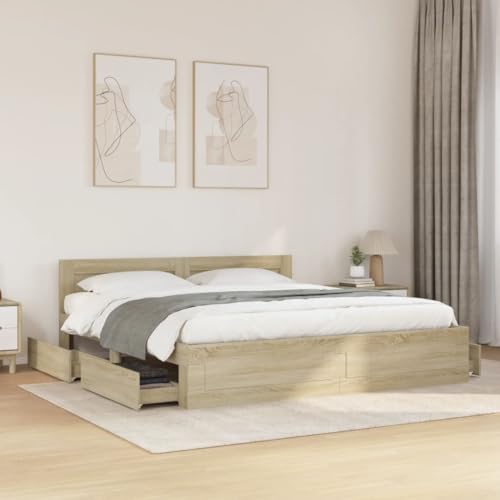 Emmtore Bettgestell, Bett mit Kopfteil, Bettrahmen mit Lattenrost, Doppelbett Schlafzimmerbett mit Stauraum,Holzwerkstoff Sonoma Eiche,200 x 200 cm
