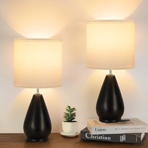 Ceramic Table Lamps Set of 2, Small Black Bedside Lamps for Bedro...