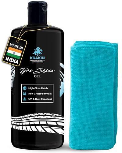 Image of KRAKIN Tyre Shine Gel (500ml) & Microfiber Combo | Gives Tyre Wet & Glossy Look | Tyre Polish for Zero Dust Attraction & Streak-Free Black Finish