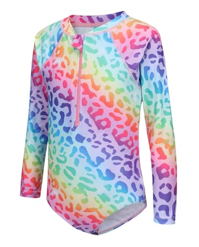 Image of Moon Tree Girls One Piece Swimsuits Long Sleeve Rash Guard Zipper Front Bathing Suit UPF 50+