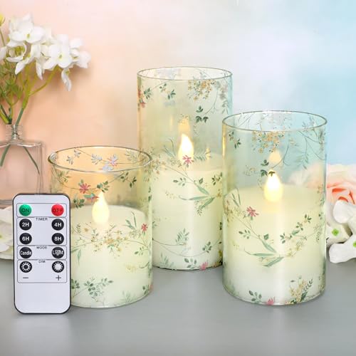 Bougies sans flamme LED en verre avec télécommande et motif branches florales lot de 3
