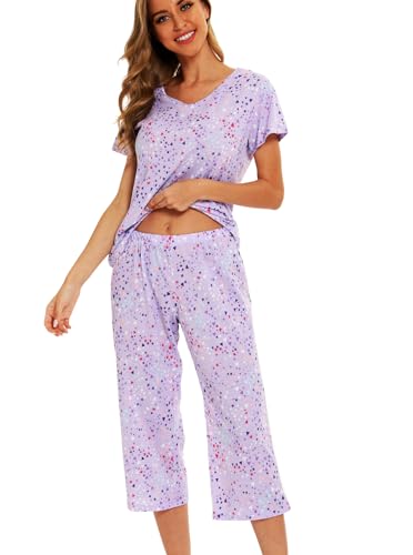 ENJOYNIGHT Womens Pajama Sets Cotton Summer Pjs Tops with Capri Pants Sleepwear4