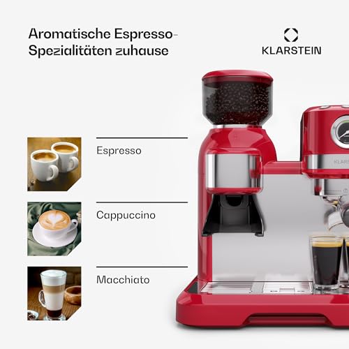 Klarstein Bella Café Siebträgermaschine Mit Mahlwerk – 19 Bar, 1.550 W, 1,4-l-Wassertank, Integriertes Kegelmahlwerk, Milchaufschäumer, 2 Tasseneinsätze, Kunststoff, Rot 7 Klarstein Bella Café Siebträgermaschine Mit Mahlwerk – 19 Bar, 1.550 W, 1,4-l-Wassertank, Integriertes Kegelmahlwerk, Milchaufschäumer, 2 Tasseneinsätze, Kunststoff, Rot