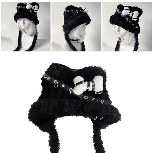 Punk Knit Cartoon Bear Hat with Lovely Ear and Bone for Outdoor Sports Furry Caps Oversized Headgear Hat for Winter2