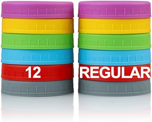 12 Pack REGULAR MOUTH Mason Jar Lids for Ball, Kerr and More - Multicolor Plastic Storage Caps for Mason Jars, Canning Jars - Leakproof, Dishwasher Safe & Food Grade