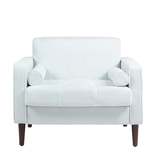Image of Corduroy Accent Chairs Set of 2, Modern Upholstered Living Room Arm Chair Comfy Bedroom Reading Armchair with Bolster Pillows, Mid-Century Track Armrest Tufted Single Sofa Seat (Beige)