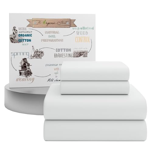 SUPREME ELEGANCE 4Pc 100% Organic Cotton Full Size Sheets Set, Snow White, 300 Thread Count, Percale Weave, Cooling, Deep Pocket Fitted Sheet, Crisp & Breathable Cotton Bedding, Hotel Style Bed Sheets