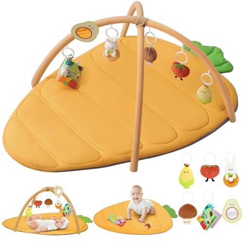 Image of Baby Play Gym Mat, Large Carrot Shaped Tummy Time Mat with 6 Detachable Toys, Thick & Plush Play Mat for Babies 0-6 Months, Baby Floor Play Mat for Sensory and Motor Skill Development