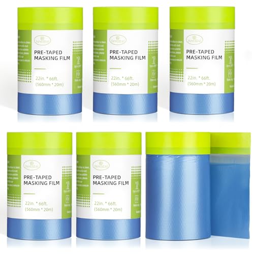 Tangibay Pre-Taped Masking Film for Painting - 22 x 66 Painters Plastic Sheeting with Automotive Paint Tape and Drape for Covering Cars Walls Windows and Furniture Protection (6 Rolls)