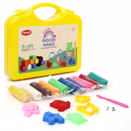 Image of Chanak Moldy Magic Creative Art & Craft Playdough with Foldable Suitcase, Air Dry Clay for Toddlers & Kids Age 3+, Includes 10 Colorful Dough 25gm Each & 13 Sculpting Tools, Non Toxic & Non Sticky