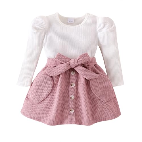 Toddler Girl Clothes Baby Fall Winter Outfits Knitted Puff Sleeve Tops + Infant Short Skirt + Belt 3Pcs 12 Months- 4T