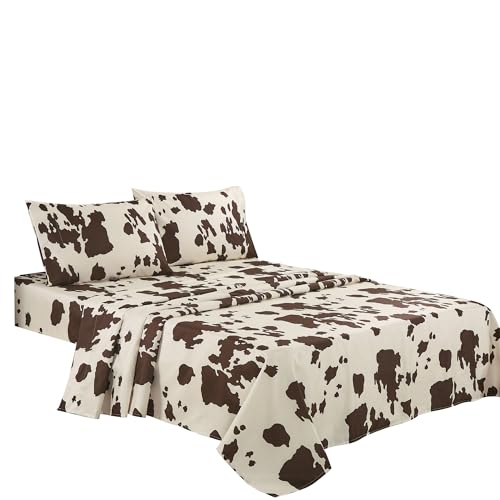Artistic Home Textiles Cowhide Print Bed Sheet Set Western Rustic Bedding Set with Deep Pocket Premium Microfiber Farmhouse Ranch Style Sheets (Cowhide Queen)