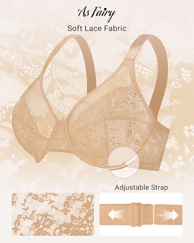 As Fairy Womens Minimizer Unlined Lace Bra 1mm Ultra Thin Sheer Breathable Full Coverage Underwire Plus Size Bras(Warm Beige 36D) — view 6
