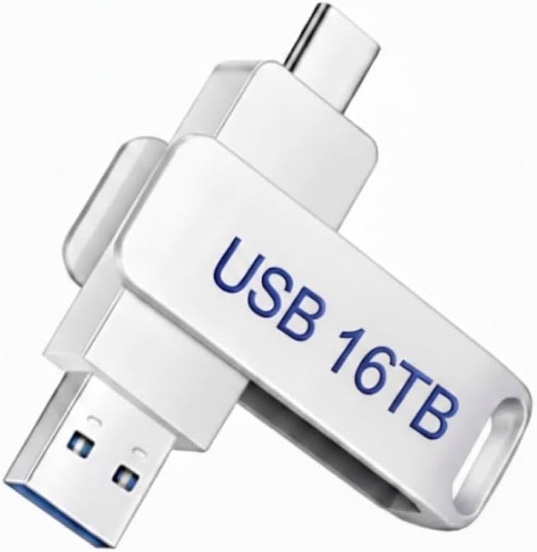 โ USB Flash Drive 16TB, Dual-Connector USB Type-C and USB-A, Silver, High Speed Storage