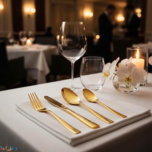 Image of Mirror Polished Gold 12 Pcs Stainless Steel Cutlery Set for Dining Table, Dishwasher Safe Glossy Flatware (3 Spoon Set + 3 Forks Set + 3 Butter Knife + 3 Dessert Spoon)