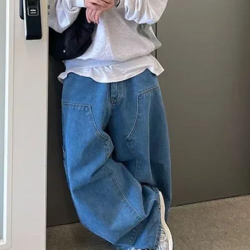 Men’S Retro Loose Fit Wide Leg Plaid Cotton Pants High Waist Button Fly Distressed Full Length Casual Daily Pockets Jeans3