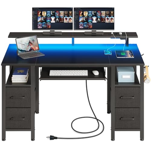 Rolanstar Gaming Schreibtisch mit LED & Steckdose, Gaming Tisch mit 4 Stauraum & Tastaturablage, 120 cm Computertisch mit Monitorständer für Home-Office Büro