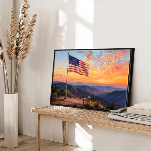 Image of American Flag Framed Canvas Wall Art, 4th of July Fireworks Canvas Prints, USA Flag with Ocean Sunset Landscape Patriotic Decorations, Independence Day Wall Decor for Bedroom Living Room 20x24