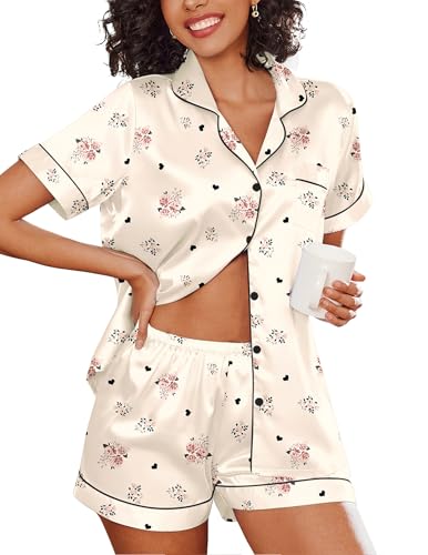 Image of Ekouaer Women's Silk Satin Pajama Set Short Sleeve Pjs Shorts Set S-XXL