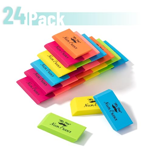 Image of Mr. Pen- Pencil Eraser, 24 Pack, Neon Colors | Large Latex Free Block Erasers Bulk for School, Office, Art Sketching, Homework, Exams, Clean Smudge-Free Correction