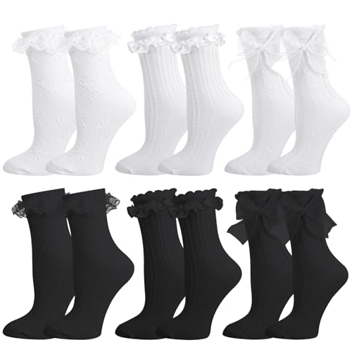 Jspupifip 6 Pairs Lace Ruffle Crew Socks for Women, Cotton Cute Princess Ankle Dress Lace Socks for Women Girls