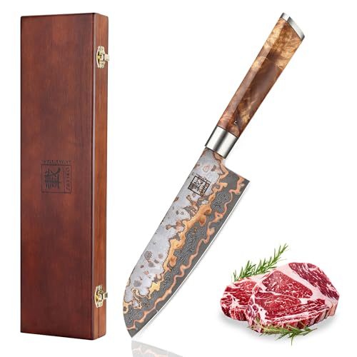 zayiko MysticMagma Santoku Damastmesser 17,5 cm Klinge aus 67 Lagen Damaststahl mit VG10 Kern mit Kupfer und Bronze Einlage mit DualCurve...