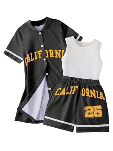 Image of Hilinker Girls 3 Piece Outfits Graphic Tank and Short Sleeve Cardigan with Shorts Set