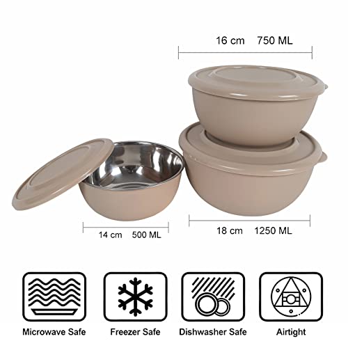 Image of Microwave Safe Stainless Steel Food Storage Container with Lid | Euro Mixing Bowl Set for Kitchen | 500ml, 800ml, 1250ml | Pack of 3 | Leak-Proof (Classic Sand Brown)