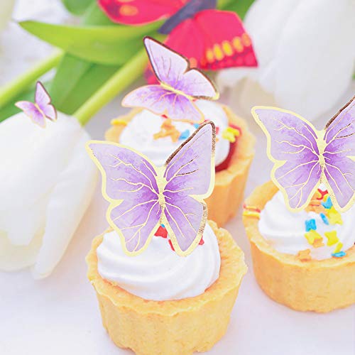 Cyodoos 30Pcs Purple Gold Edge Mixed Size Lively 3D Butterfly Cupcake Topper For Girls Women's Happy Birthday Wedding Party Cake Wall Party Food Decorations #TOP6