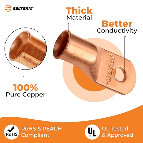 SELTERM 3/0 AWG - 5/16" (M8) ⌀ Hole UL Heavy Duty Wire Lugs, Battery Cable Ends, Bare Copper Eyelets, Tubular Ring Terminal Connectors [B85] - 25 Pack