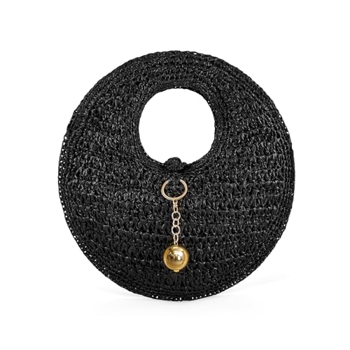 Image of PHILOMENA Woven Straw Beach Bag for Women Handmade Raffia Circle Bag, Summer Boho Chic Tote Purse Handbag Large Round Bag