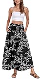 Aodemo Women's Summer Flowy Maxi Skirt Pleated Elastic High Waisted Casual Long Skirts with Pockets M, White Flower-Black