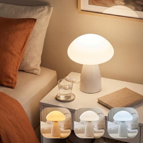 Myrauv Mushroom Lamp, 3 Color Modes Stepless Dimmable Table Lamp, Retro Ceramic Base Bedside Lamp, Decorative Lamp for Bedroom, Nursery, Nightstand (White) - image 1