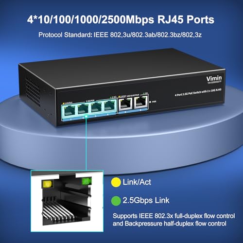 Image of 6-Port 2.5G PoE Switch with Dual 10GBASE-T, Vimin 4X 2.5G +2 x 10Gb RJ45 Ports Unmanaged PoE Switch, 60Gbps Capacity, 65W, 10G Switch Desktop Network PoE Switch for NAS, PC, Wireless AP