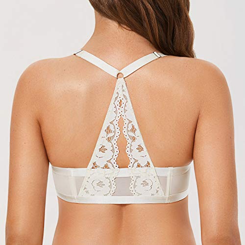 Dobreva Women's Push Up Bra Racerback Front Closure Bras Lace Padded Underwire Plunge Floral Ivory 40C #TOP3