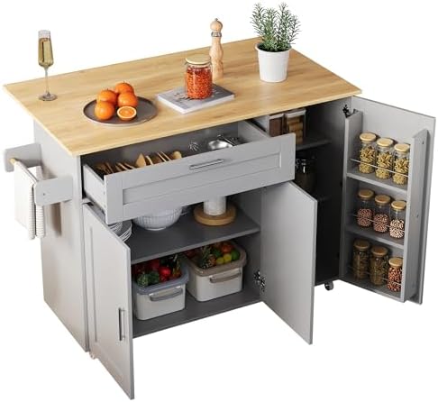 Mobiler Küchentisch mit ausgeklappter Arbeitsplatte in Holzoptik.