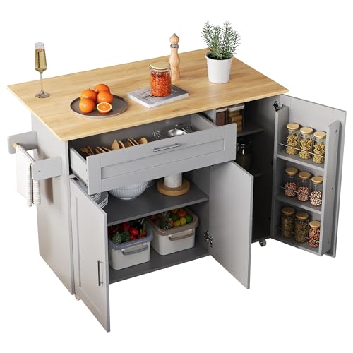 luckdect ilot Central Cuisine,desserte à roulettes Cuisine,Meubles de Cuisine avec Plan de Travail Rabattable,avec Espace de Rangement (Gris, 132.5x44x90cm)